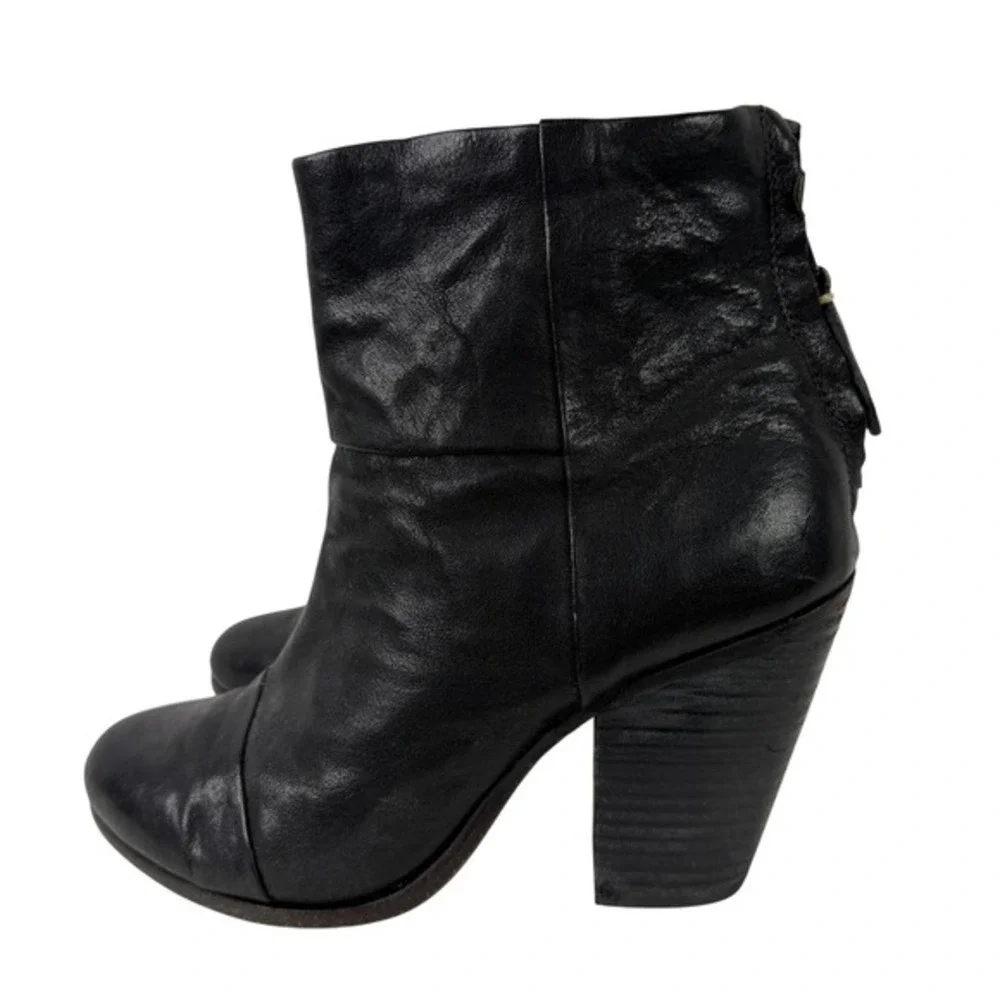 Rag & Bone Newbury Black Leather Ankle Boots Round Toe Stacked Block Heel‎ US 7